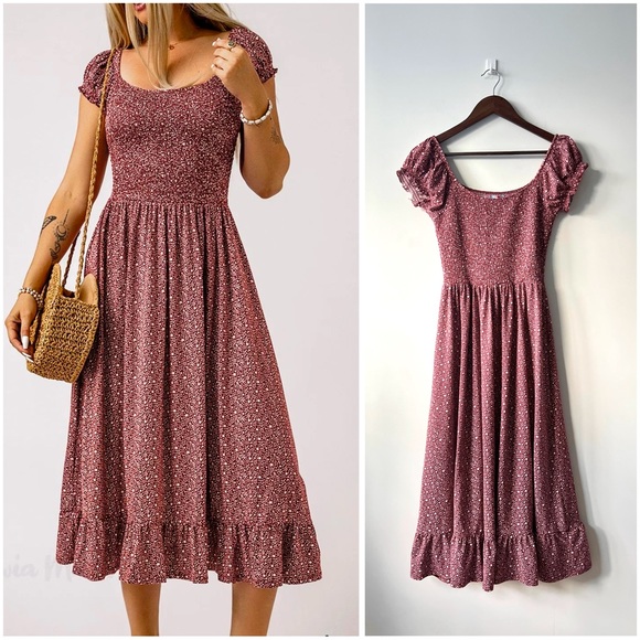 Urban Outfitters Dresses & Skirts - Urban Outfitters Burgundy Smocked Short Sleeve Midi Floral Dress